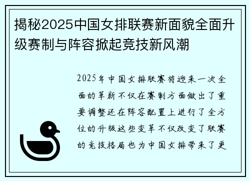 揭秘2025中国女排联赛新面貌全面升级赛制与阵容掀起竞技新风潮