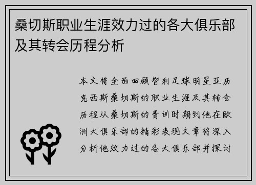 桑切斯职业生涯效力过的各大俱乐部及其转会历程分析