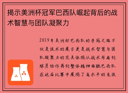 揭示美洲杯冠军巴西队崛起背后的战术智慧与团队凝聚力