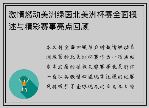 激情燃动美洲绿茵北美洲杯赛全面概述与精彩赛事亮点回顾